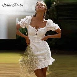 Concerky-Robe en coton blanc à volants pour femmes, robes de plage décontractées, Boho, batterie solide, fête, été, éducatif