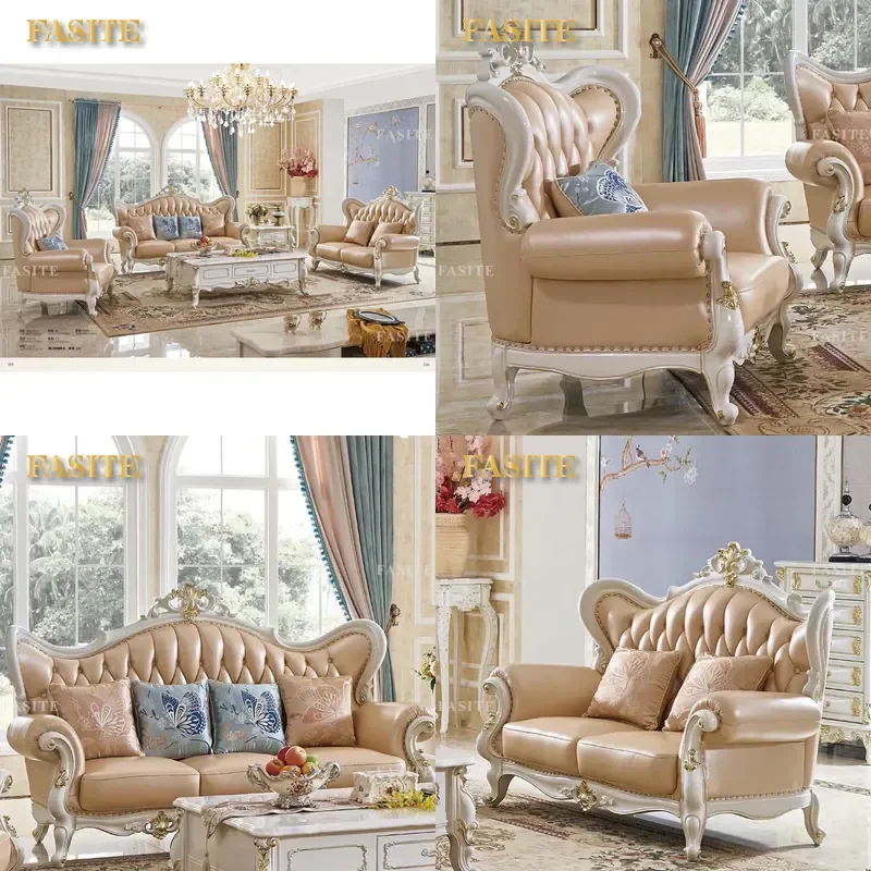 For French Luxury Antique Carved Wood European Genuine Leather Upholstered Sofa 1 2 3 Seater Couch Hotel Villa Home Living