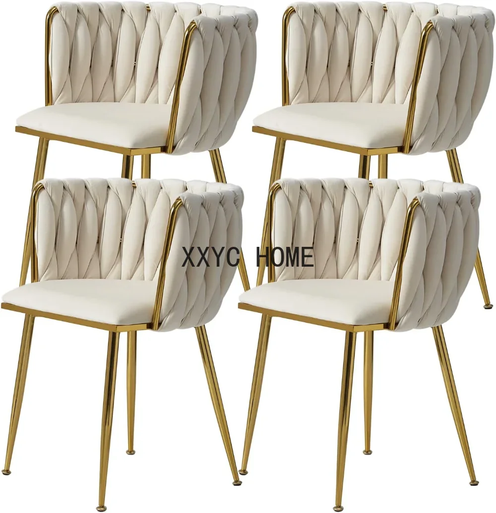 Velvet Dining Chairs Set of 4, Modern  with Golden Metal Legs, Woven Upholstered Dining Chairs for Dining