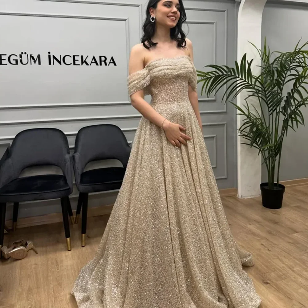 

Customized Champagne Prom Dresse Glitter Vestidos De Fiesta Off The Shoulder A-line Elegant Sleeveless Floor-length Party Gowns