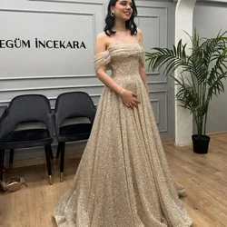 Customized Champagne Prom Dresse Glitter Vestidos De Fiesta Off The Shoulder A-line Elegant Sleeveless Floor-length Party Gowns