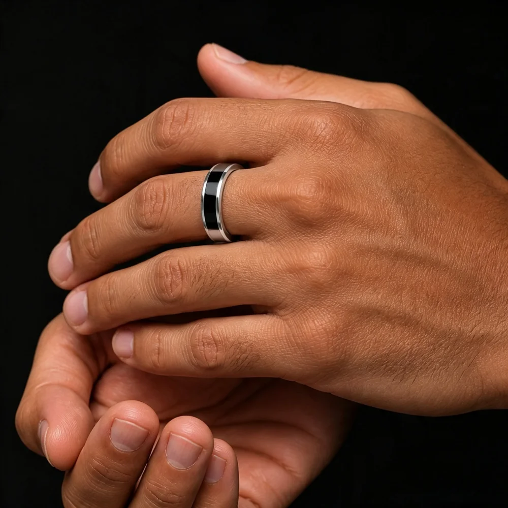 6mm Black Silver Spliced ​​Ring Retro Men Stainless Steel Ring Fashion Outfit Jewelry Trend Street Accessories