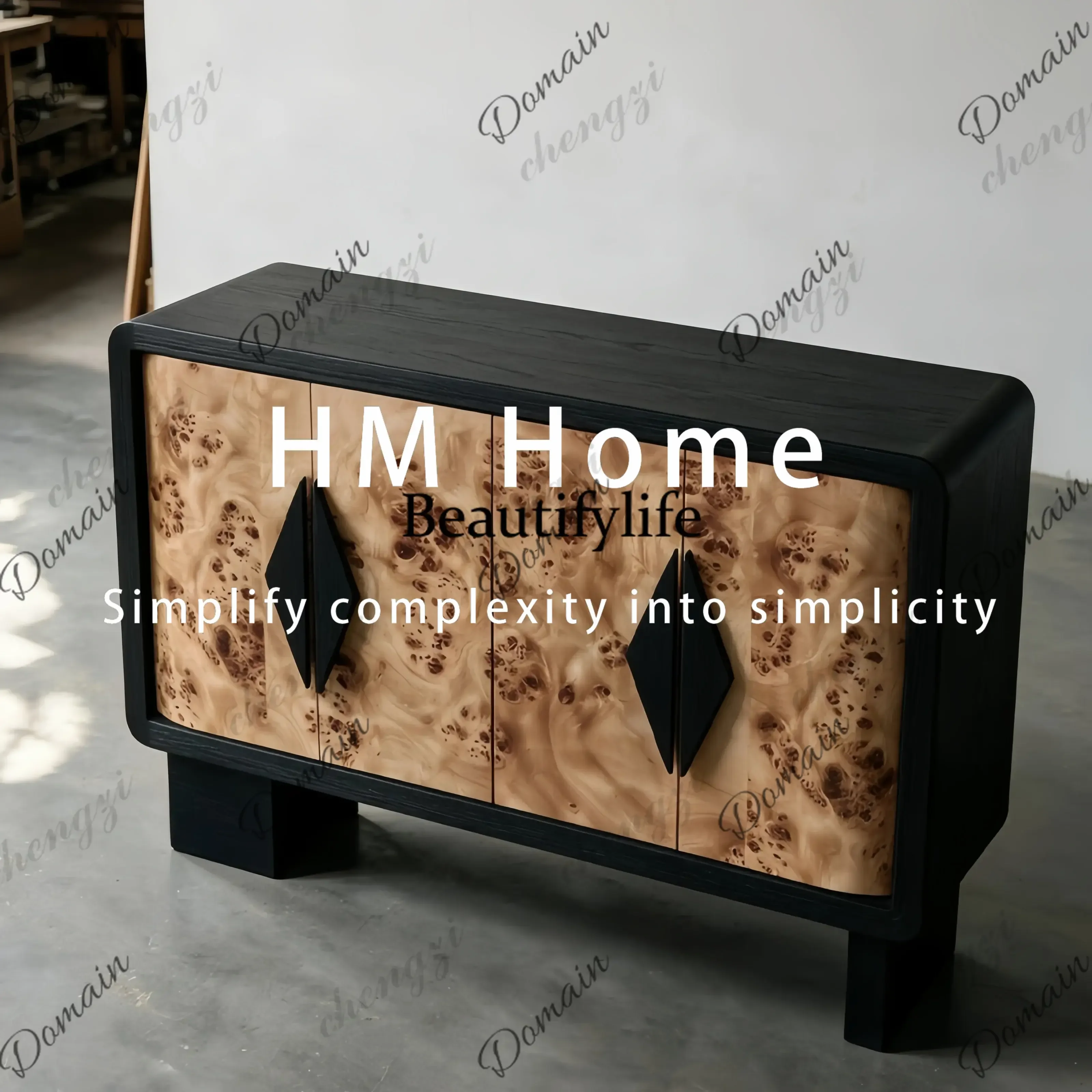 UHV Medieval solid wood side cabinet, black high-end locker, light luxury, minimalist rhombus door panel, household storage cabi