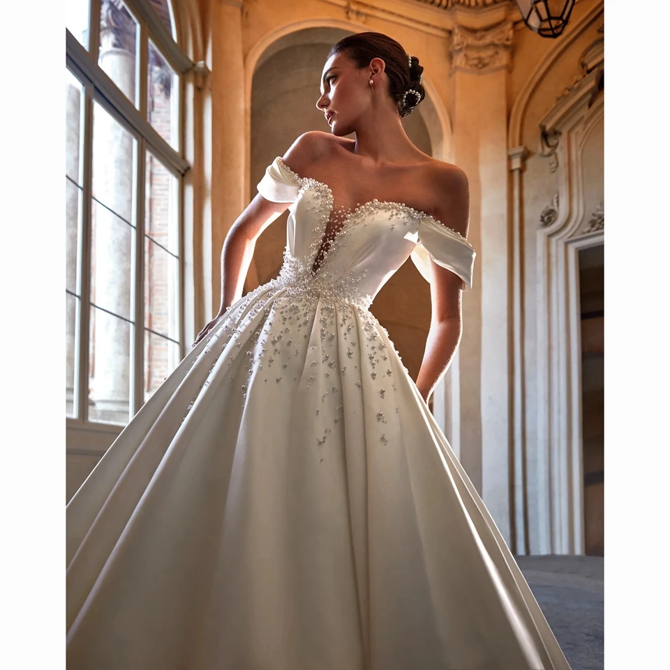 Customized White V Neck Pearls Ball Gown Wedding Dress Off The Shoulder Vestido De Novia Simple Satin Back Zipper Bridal Gown