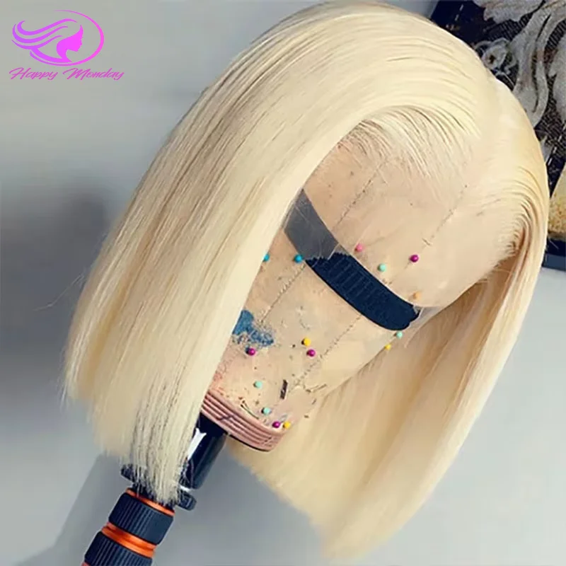 

200% Straight 613 Honey Blonde Short Bob Wig Transparent Lace Front Human Hair Wigs Colored 13x4 Transparent Lace Frontal Wig