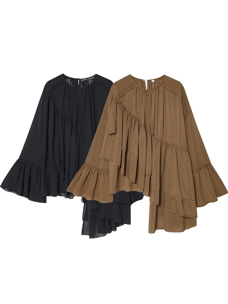 เสื้อผู้หญิงลำลอง 2025 เสื้อแฟชั่นผู้หญิงฤดูใบไม้ร่วง สีพื้น แขนยาว ชายเสื้อไม่สมมาตร ทรงระบาย  เสื้อผู้หญิงสไตล์ไฮสตรีททรงหลวม