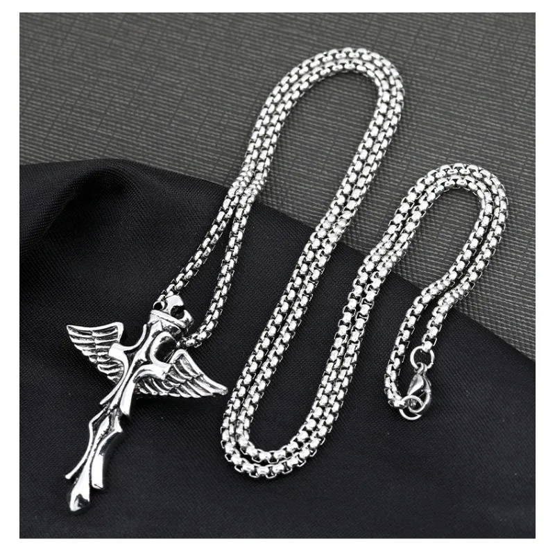 

Street pendant necklace, hip-hop punk trend necklace, angel wing cross cool titanium steel necklace