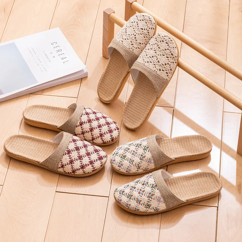 Neue orientalische Flachs-Hausschuhe für Damen, Sommer, für den Innenbereich, Sommer-Holzboden-Hausschuhe für Herren, Frühling und Herbst – Detail 2