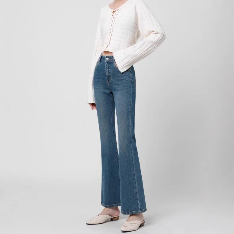 

High Quality Slim-fit High-waisted Jeans, Spring and Autumn New Comfortable Simple Denim Micro-flare Pants for Women Long Pants