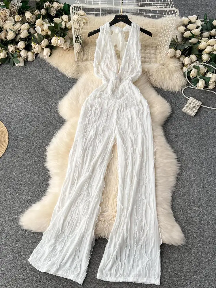 

Summer Solid Sexy Club Sleeveless Halter V Neck Bandage Jumpsuit Women Streetwear High Waist Wide Leg Romper Mujer Casual Simple