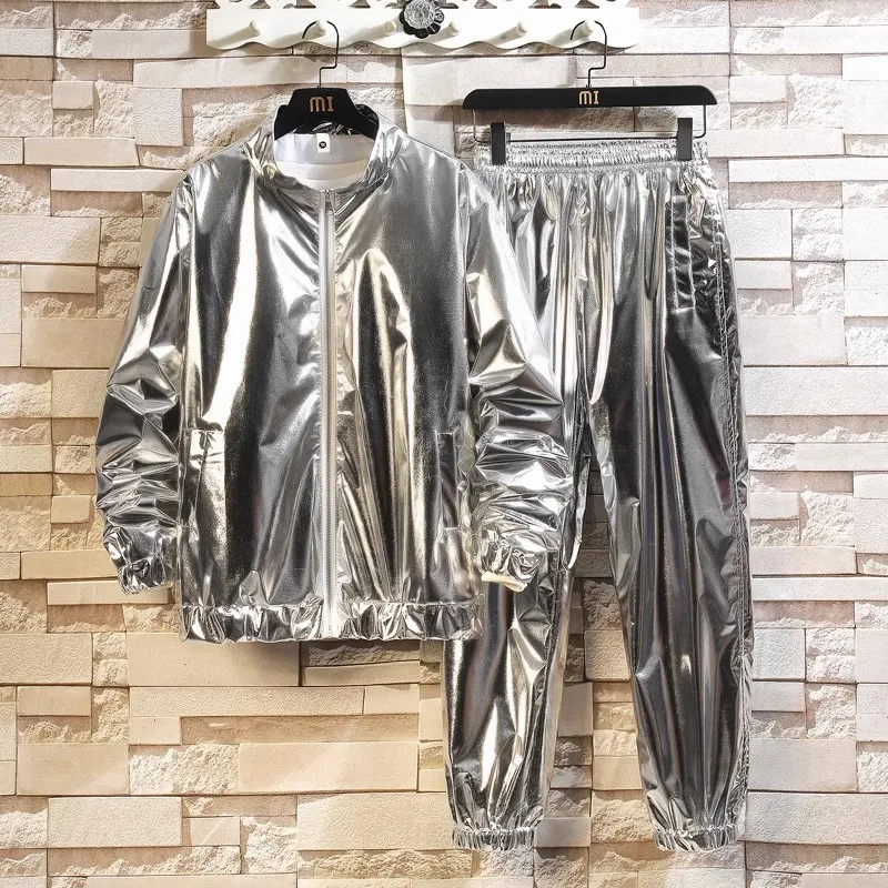 Gold Men's Stage Performance,Shiny Loose Long Sleeve Top With Long Pants,Silver Fashion Casual Suit
