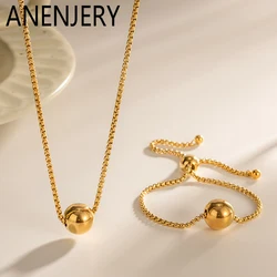 ANENJERY 316L Stainless Steel Golden Lucky Bead Pull Necklace Bracelet For Women Personality Fashion Jewelry Set Gifts