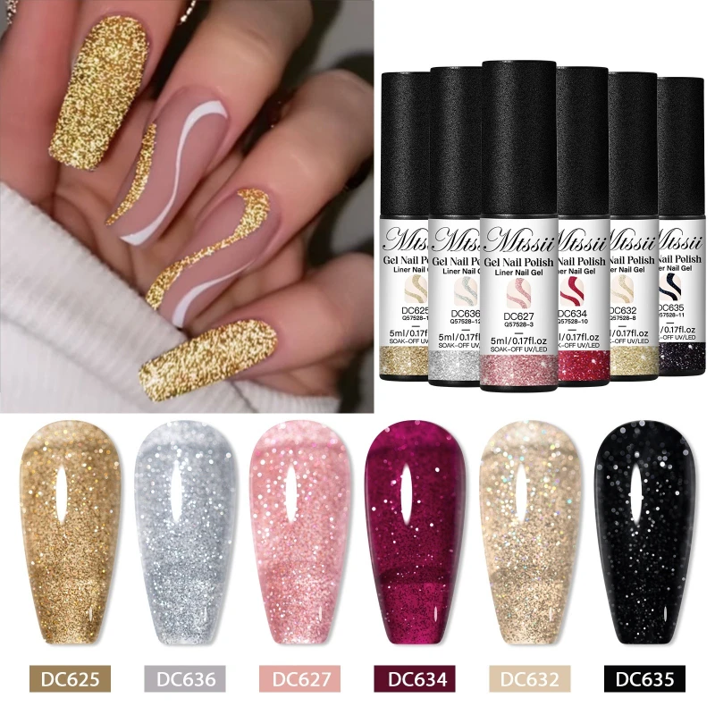 

6pcs Reflective Glitter Liner Gel Nail Polish Set Golden Pink Red French Painting Drawing Nail Art UV LED Gel Nail Supplies