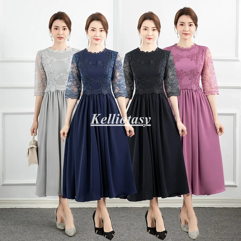 Plus Size Mother of The Bride Dress With Half Sleeves Tea Length Mother Dresses For Wedding Party