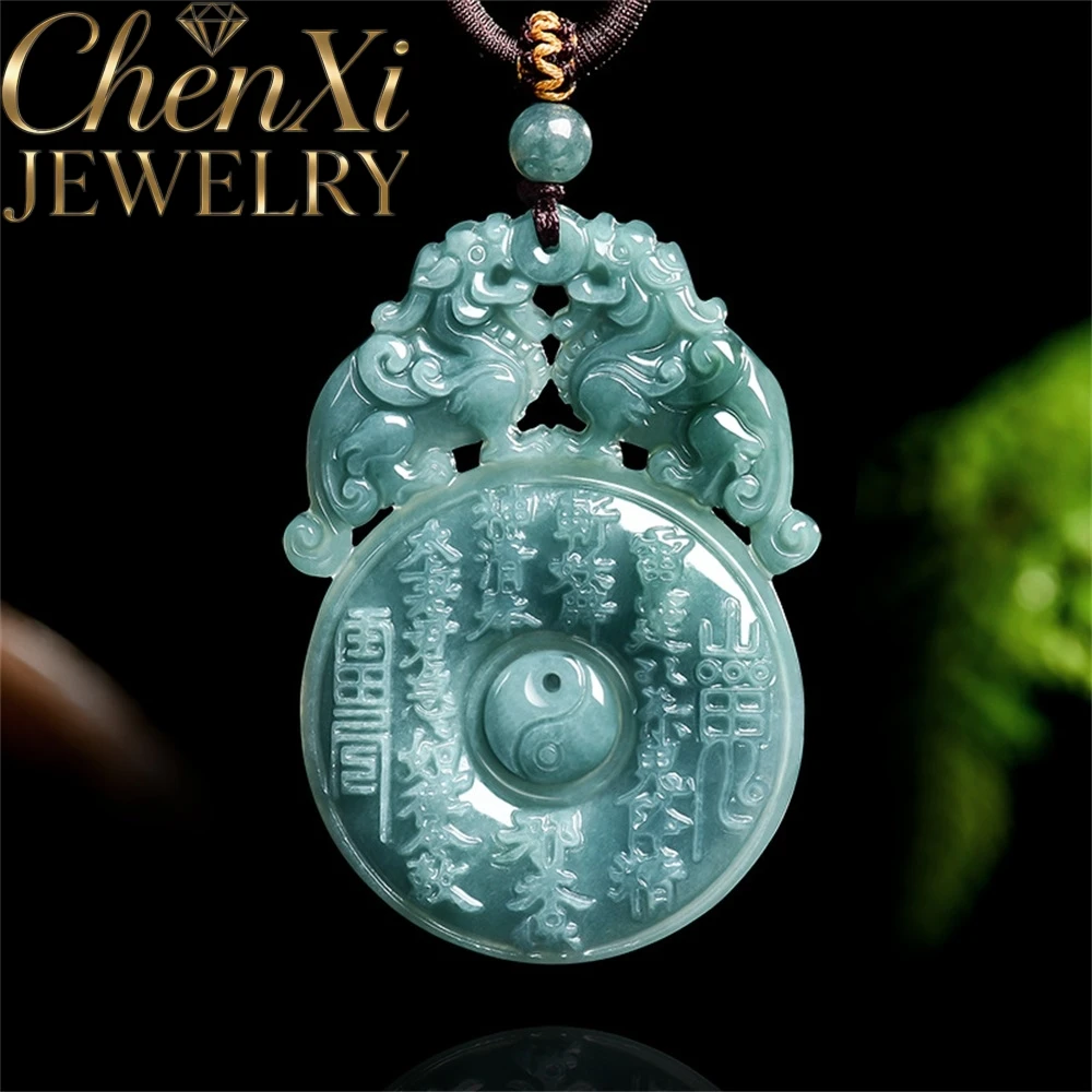 

Natural Genuine Blue Water Jadeite Double Lion And Eight-Spoke Pendant Luxury Quality Fashion Jewelry Exquisite Elegant Charms