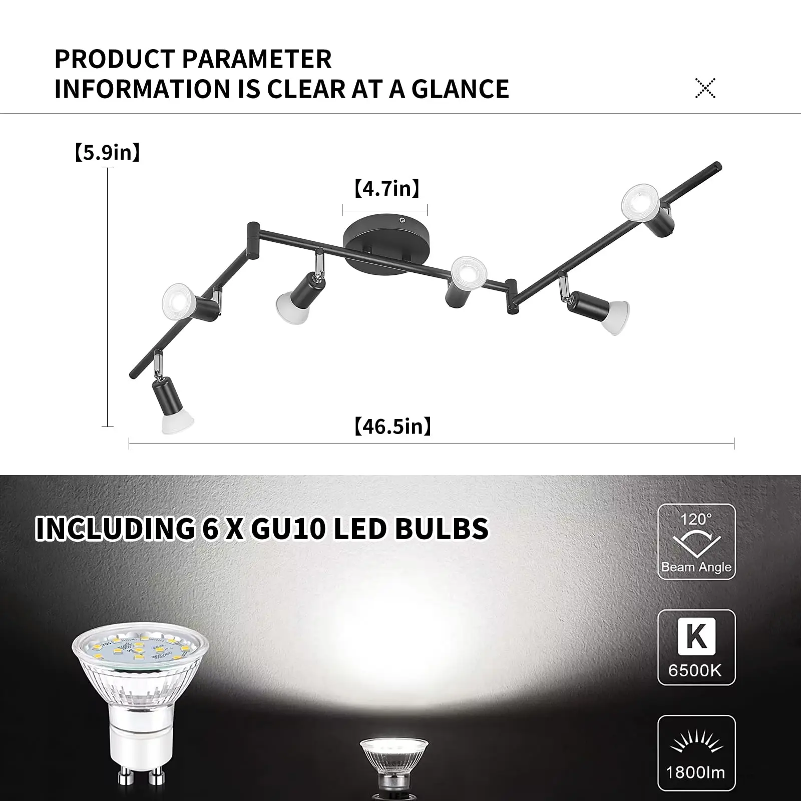 Track Lighting Kit LED Ceiling with Light Head, Flush Mount Ceiling Spot Lighting Fixtures for Room (6 x GU10 Bulbs Included)