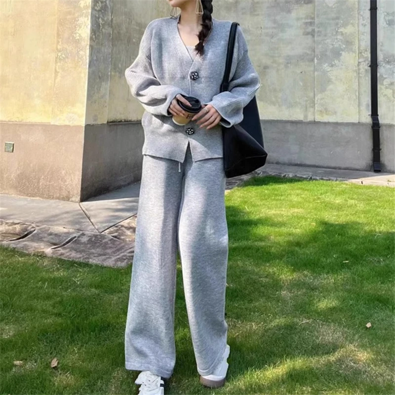 REALEFT Autumn Winter 3 Pieces Women Sets Knitted Tracksuit Buttons Cardigan Sweater & Top and Straight Jogging Pants Suits