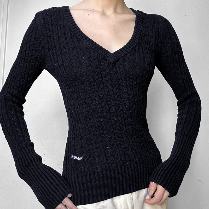 アメリカンシンプルカラーコントラストレター刺繍Vネック細身フィット揚げパンツイストセータースパイシーガールレトロカレッジトップ