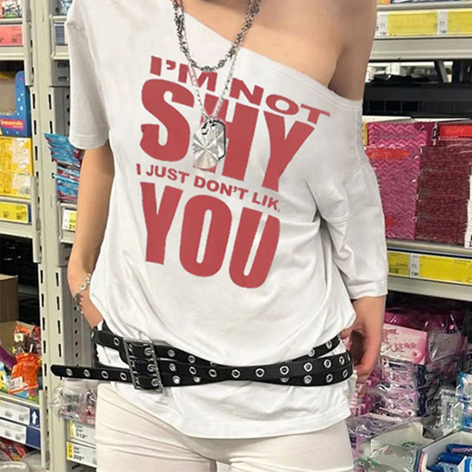 GuliriFei Women Short Sleeve T-Shirts Letter Print Off Shoulder Shirts Summer Loose Fit Casual Tops Streetwear