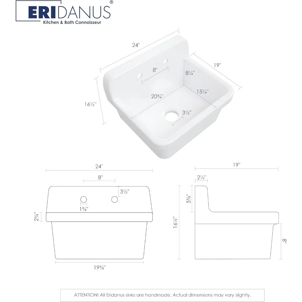 24 Inch Utility Sink, Farmhouse Kitchen Sink Wall Mounted Laundry Sink Floating Porcelain Ceramic Trough High Back for Garage,
