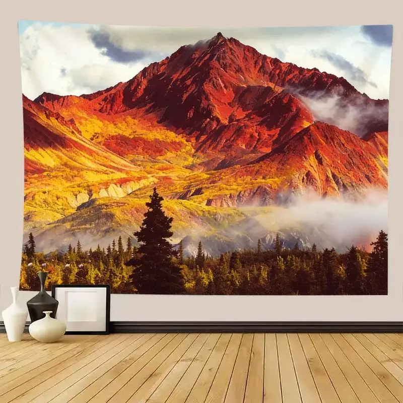 VIKAMA Fall Alpine Mountain Tapestry, Red Orange Golden Hills White Cloud Fog Coniferous Forest Dorm Art