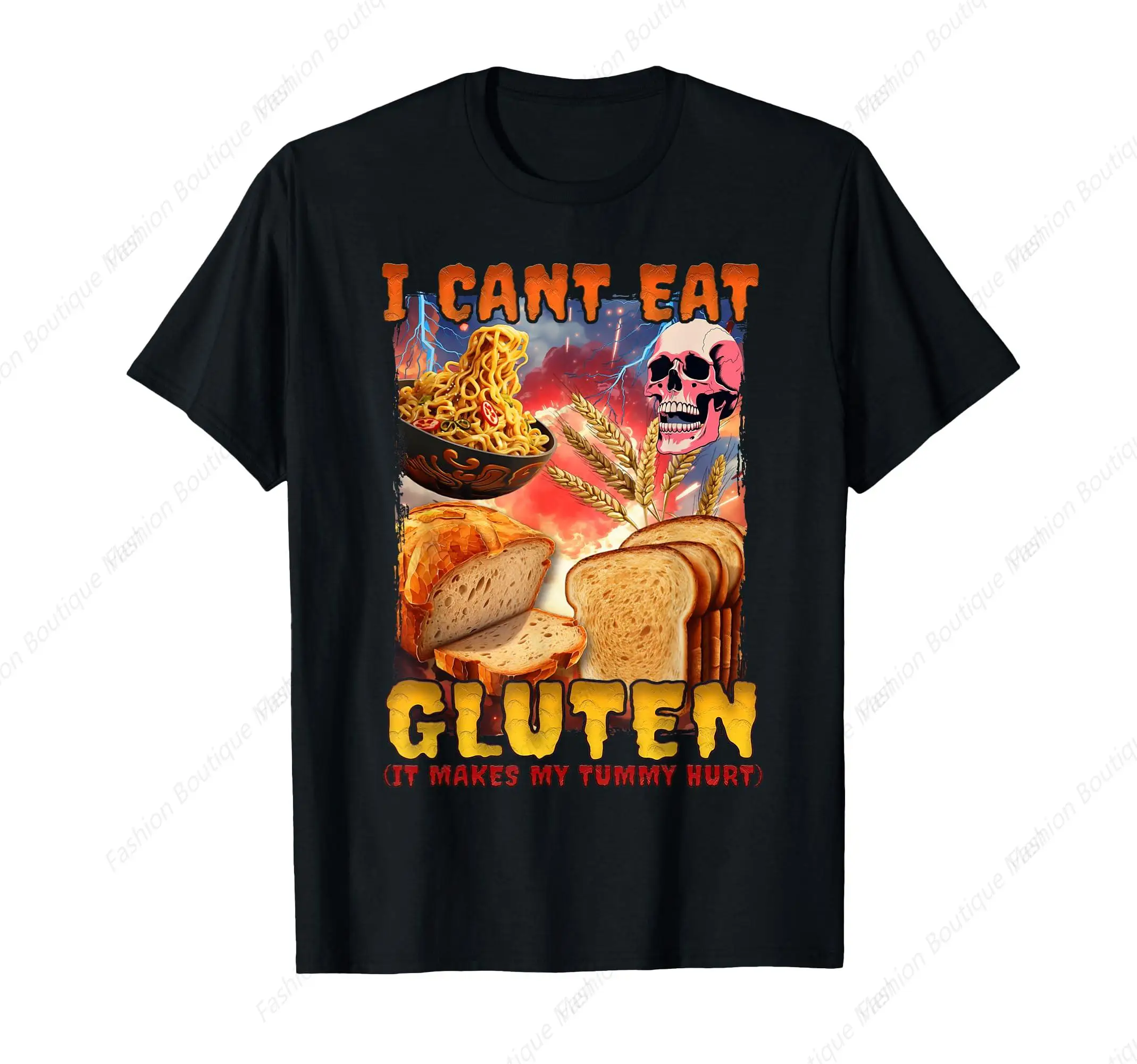 

Funny Fashion I Can'T Eat Gluten It Makes My Tummy Hurt T-Shirt Funny Skull Printing Shirt Leisure Cotton O-Neck Tee Unisex