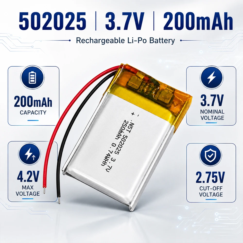 502025 Bateria LiPo 3.7V 200mAh, ładowalna bateria litowo-polimerowa, zamiennik do słuchawek Bluetooth i lokalizatora GPS — zdjęcie produktu 3