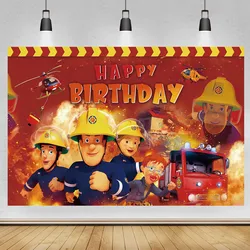 Fireman Sam Backdrop Birthday Party Decorations Banner for Kids Boy Fire Truck Firefighter Sammy Movie Cartoon Figure Background