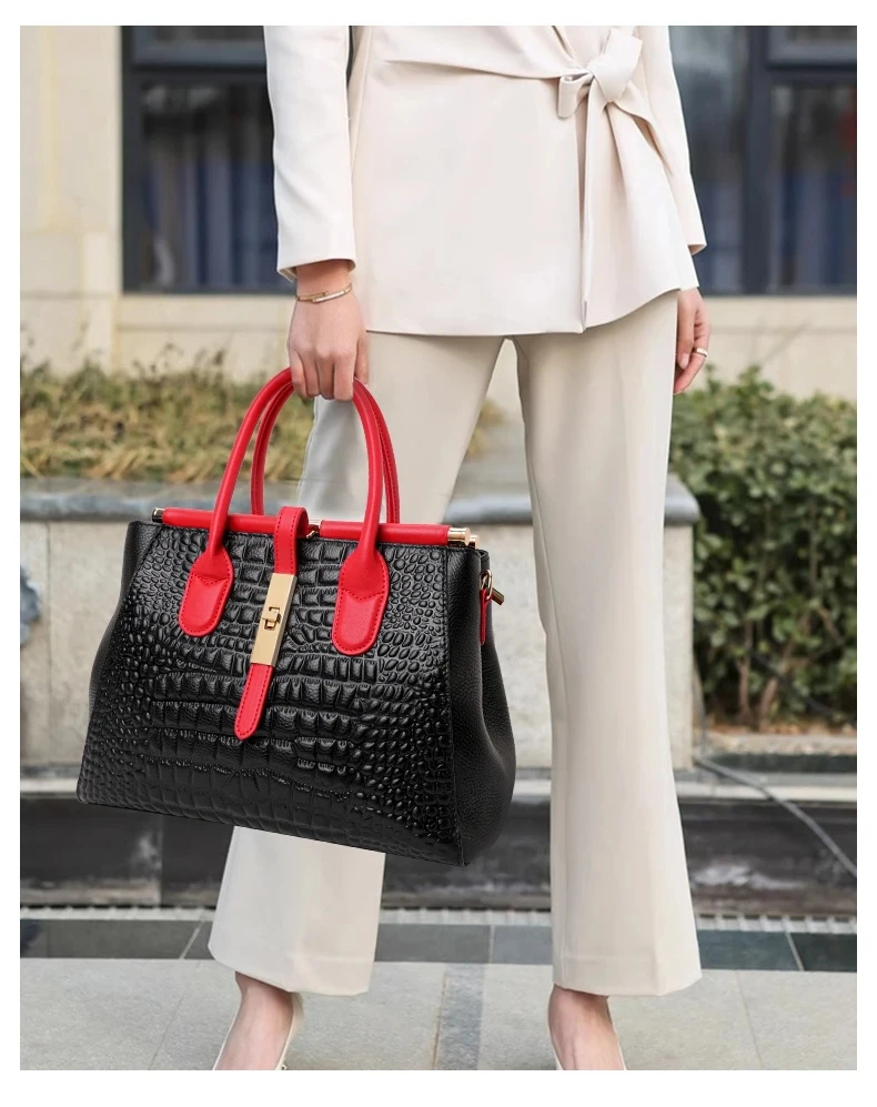 2024 New women's leather bag, large capacity color blocking design handbag with crocodile pattern printed on the surface