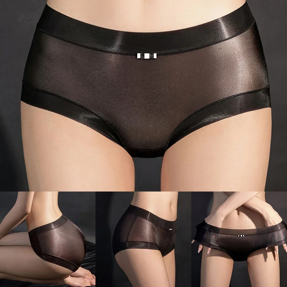 Women Sexy Oil Shiny Ice Silk Transparent Briefs Low Waist Breathable Underpants Soft Underwear Lightweight Female Briefs Shorts