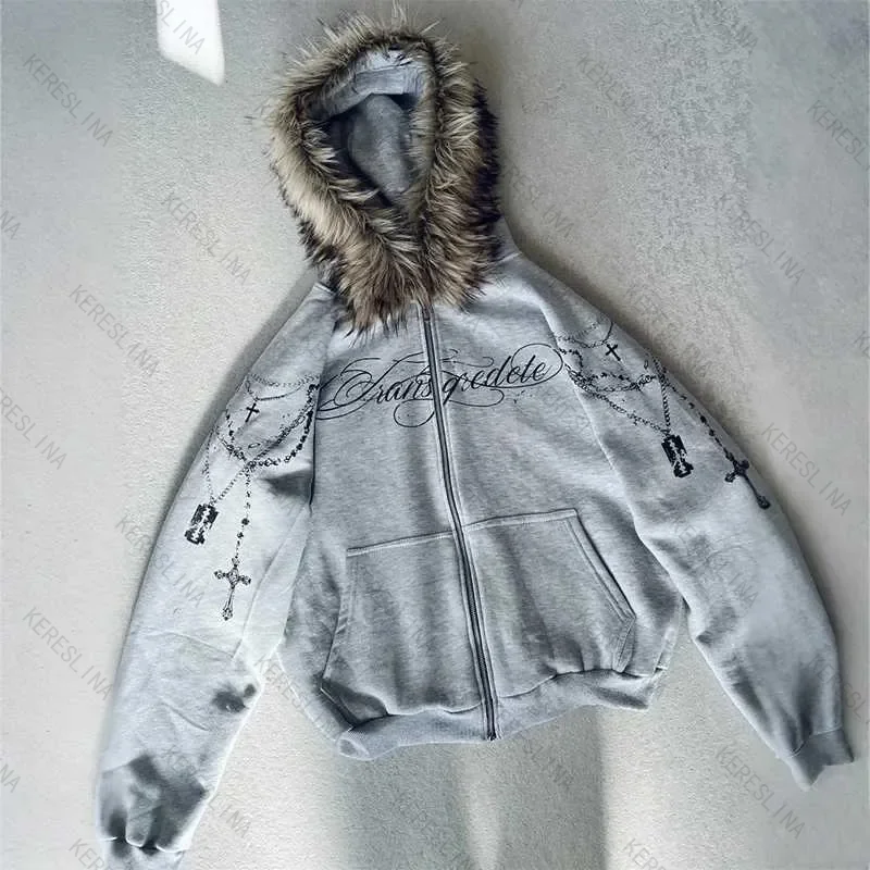

Europe and America oversized high street trendy fashion hoodie autumn and winter comfortable versatile female zipper hoodie emo