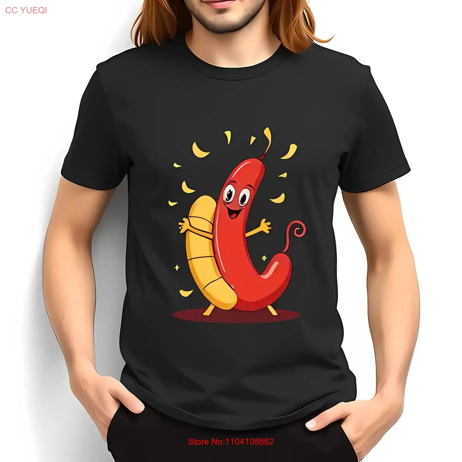 Funny Hot Dog and Bun Cartoon T Shirt Playful Embrace Design with All cotton vintage Washed Versatile Slightly Breathable