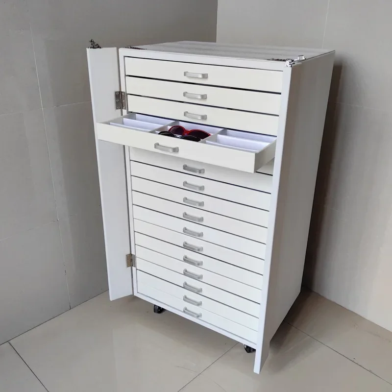 Exhibition Sunglasses Glasses Cabinet with Wheels Cart Storage Box Slot Capacity