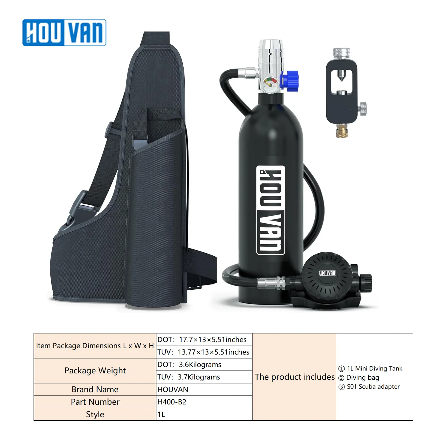 HOUVAN H400 1L Mini Diving tank with Scuba adapter Crossbody Portable diving gas cylinder Outdoor travel, swimming Unisex Gifts