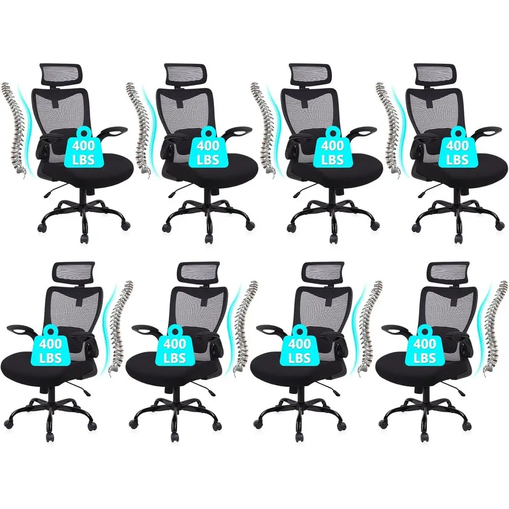 

Ergonomic Mesh Office Chair for Big and Tall, 400 lbs Capacity, Adjustable Lumbar, Padded Arms, High Back, Black, 8 Pack