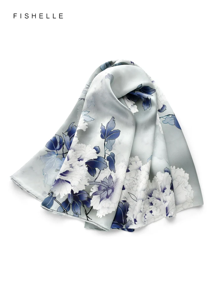 Grey blue Peony 100% natural silk long scarf bandana hijab shawl luxury gift head scarves women wrap high quality neckerchief