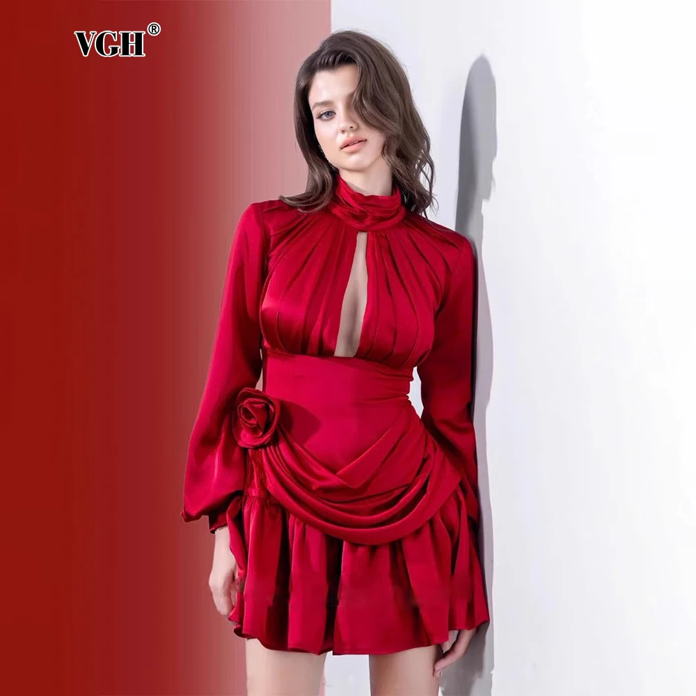 

VGH Solid Sexy Luxury Slim Short Dresses For Women Turtleneck Long Sleeve High Waist Hollow Out Spliced Appliques Dress Female