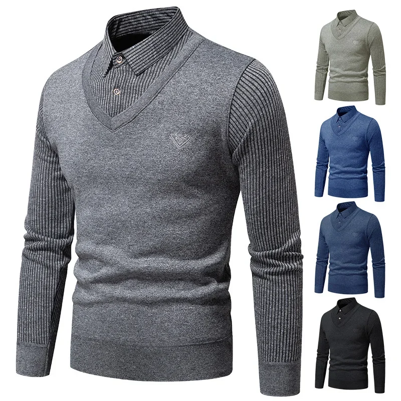 Male Daily Commute Knitted Sweater Fake Waistcoat Shirt Collar Thickened Fleece Lining Striped Long Sleeve Fall Warm Base Shirt