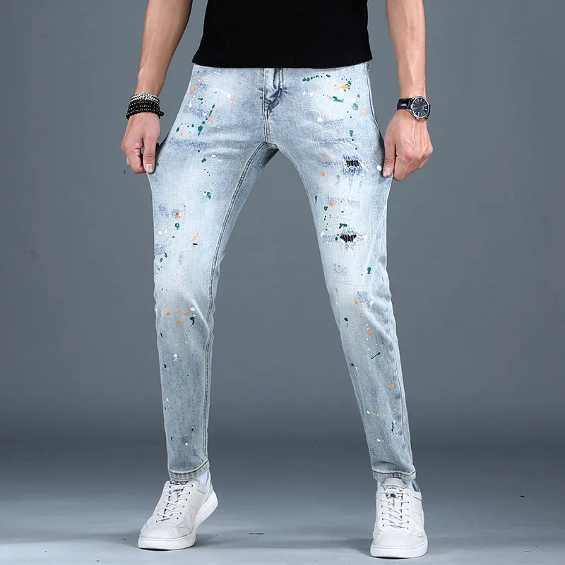 Trendy high-end jeans men's personalized paint printing slim fit skinny stretch casual street motorcycle trousers