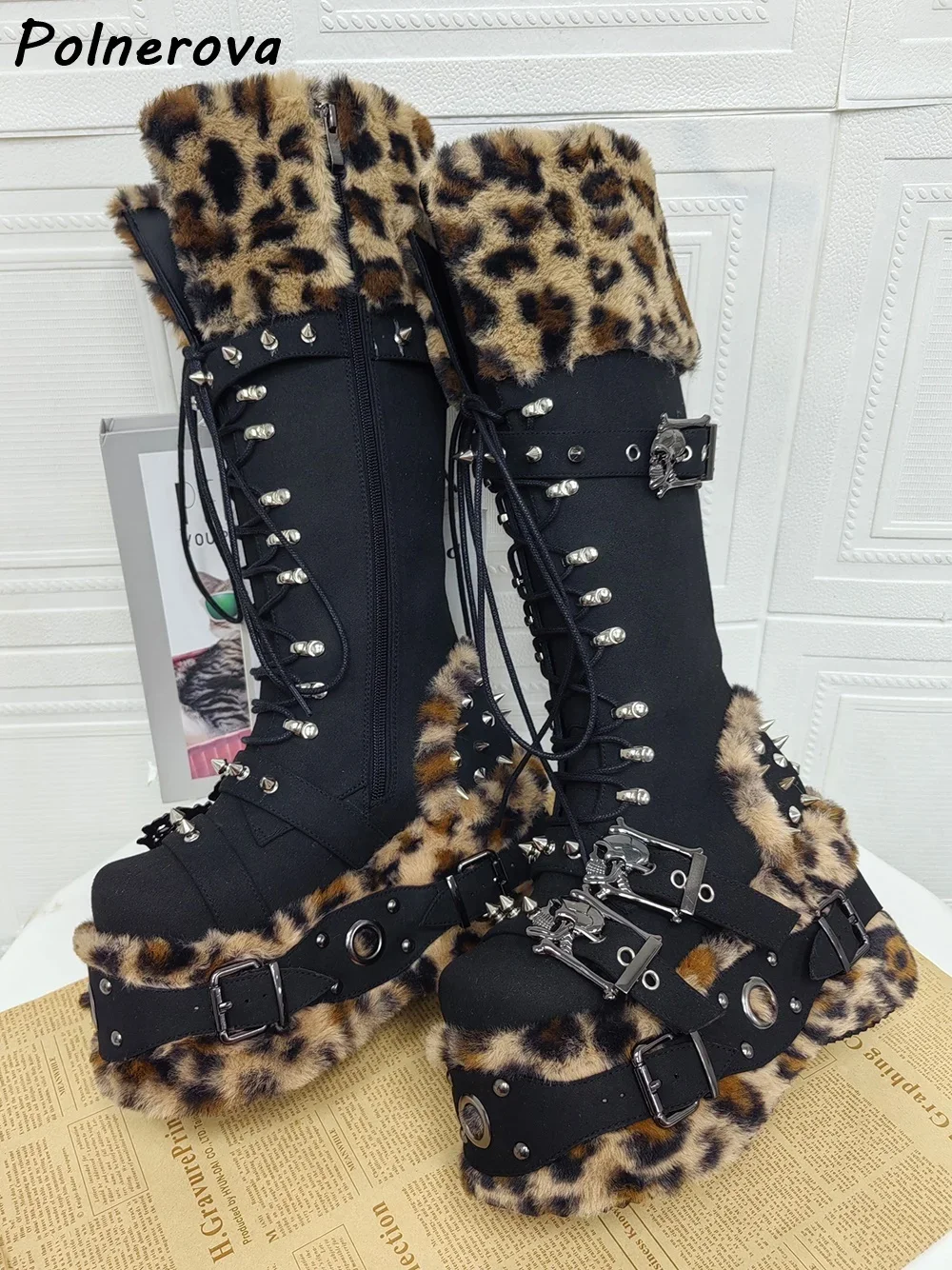 Furry Leopard Buckle Knee High Boots Metal Rivet Round Toe Platform Cross Tied Lace Up Shoes Black Warm Sexy Winter Long Boots