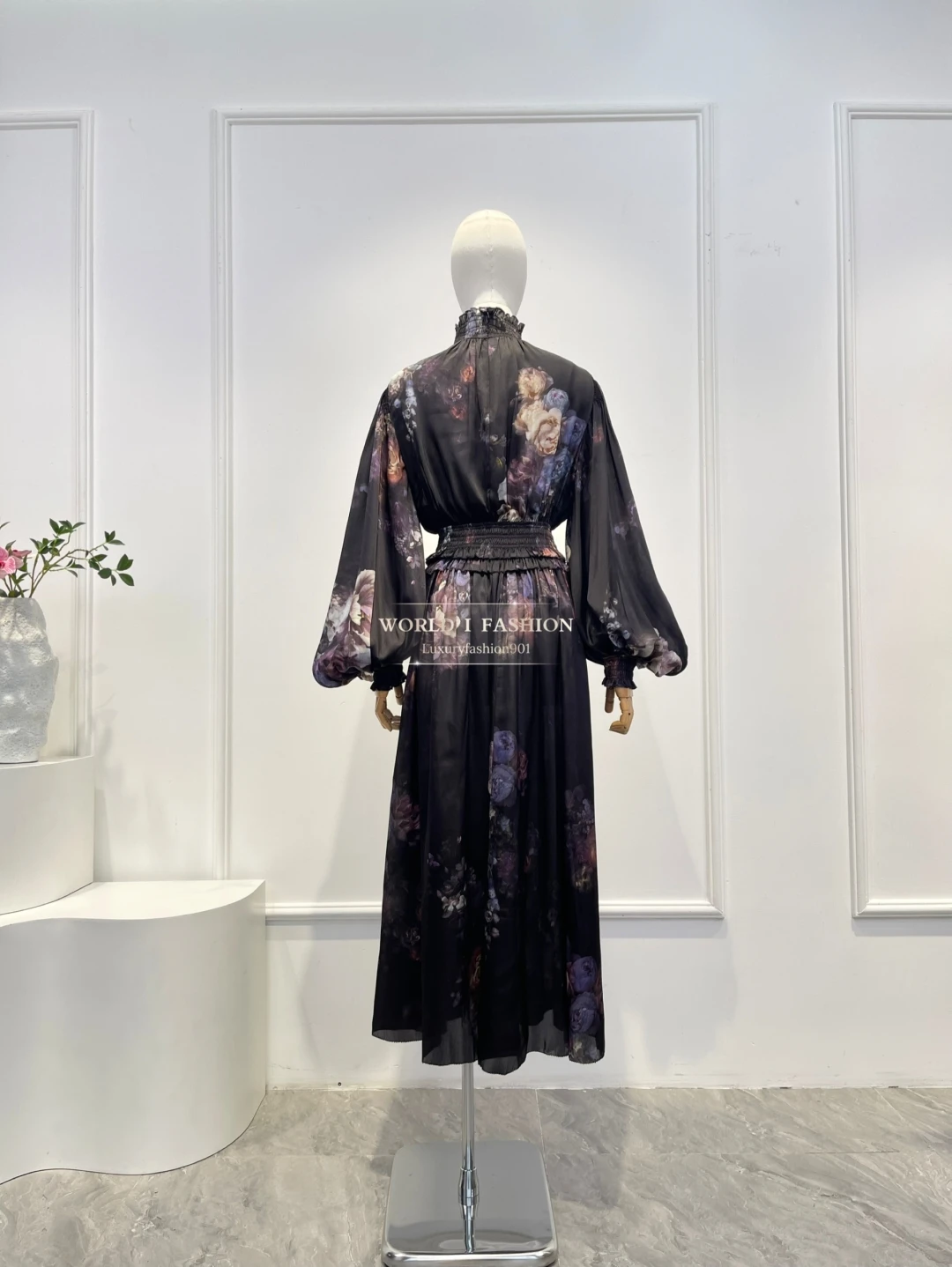 Black Floral Print Long Sleeve Blouse Tops and Midi Skirt Set 2025 New Design