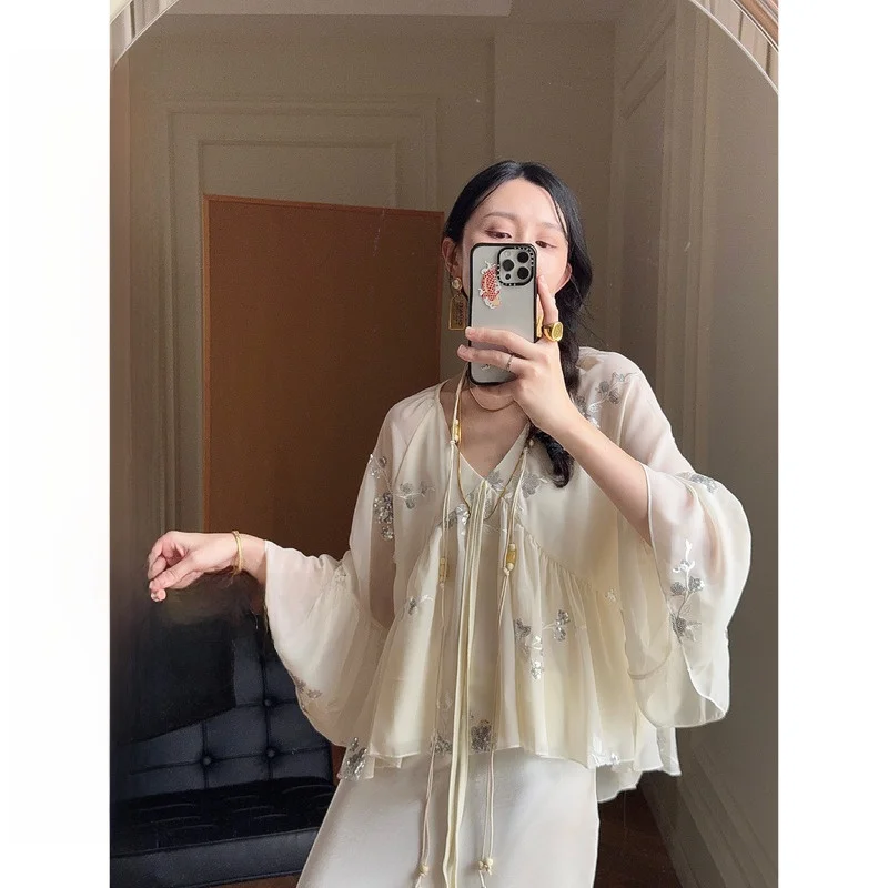 

Новый китайский комплект: вышитая юбка макси с V-образным вырезом и топ, женский повседневный костюм из полиэстера для взрослых, на все сезоны