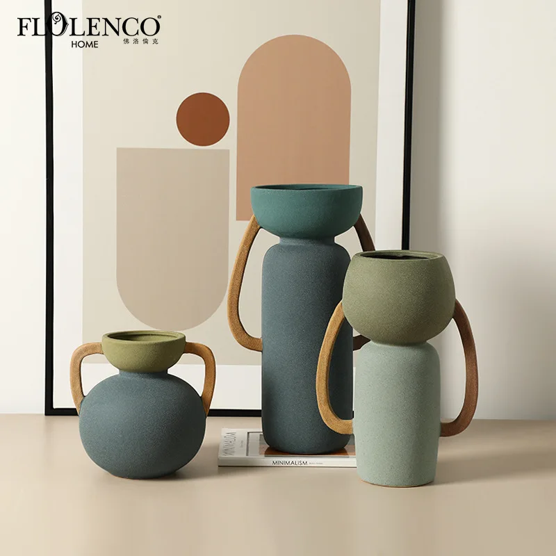 XL Geometric Color-Block Double-Handle Ceramic Vase for Villa, Clubhouse, Entryway Decorative Cabinet, Artistic Flower Ornament