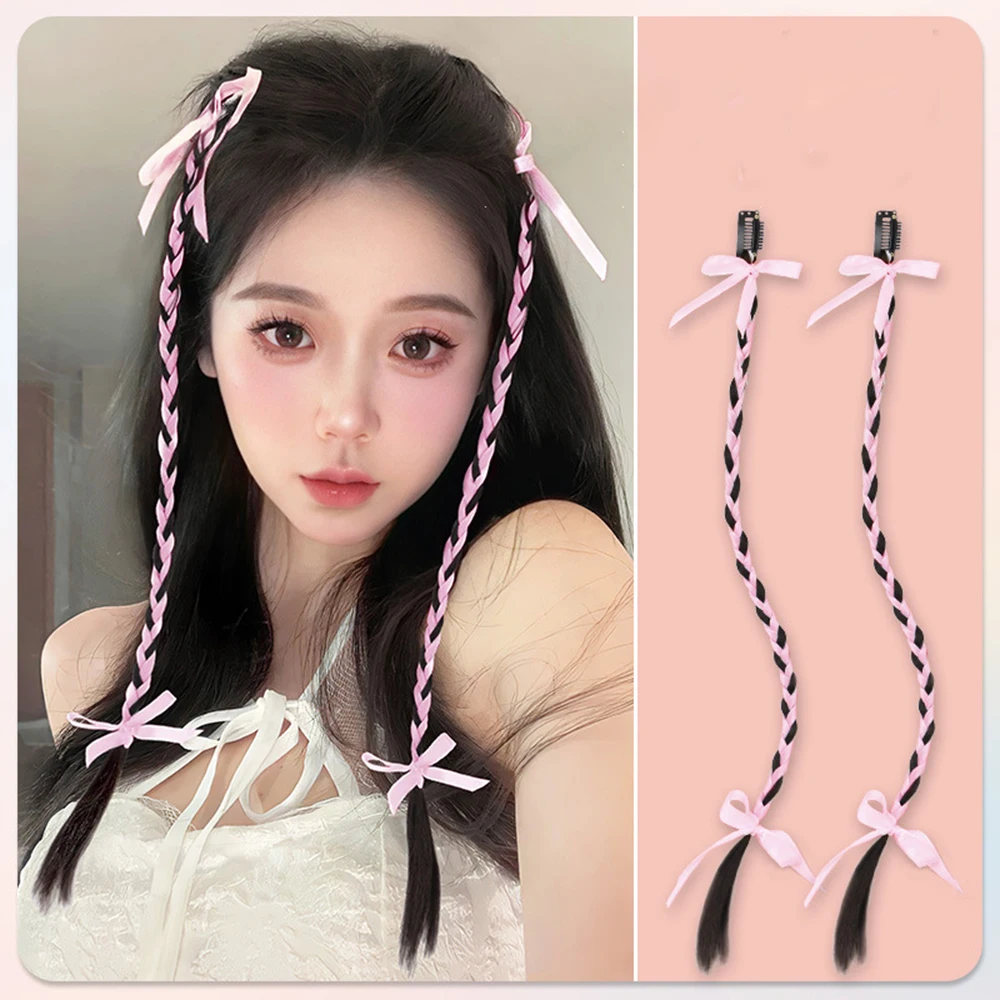 2pcs Korean Style Y2K Sweet Cool Ballet Style Braided Ponytail Wig Ribbon Braid Wig Female Simulation Hair Extension Twisted Bra