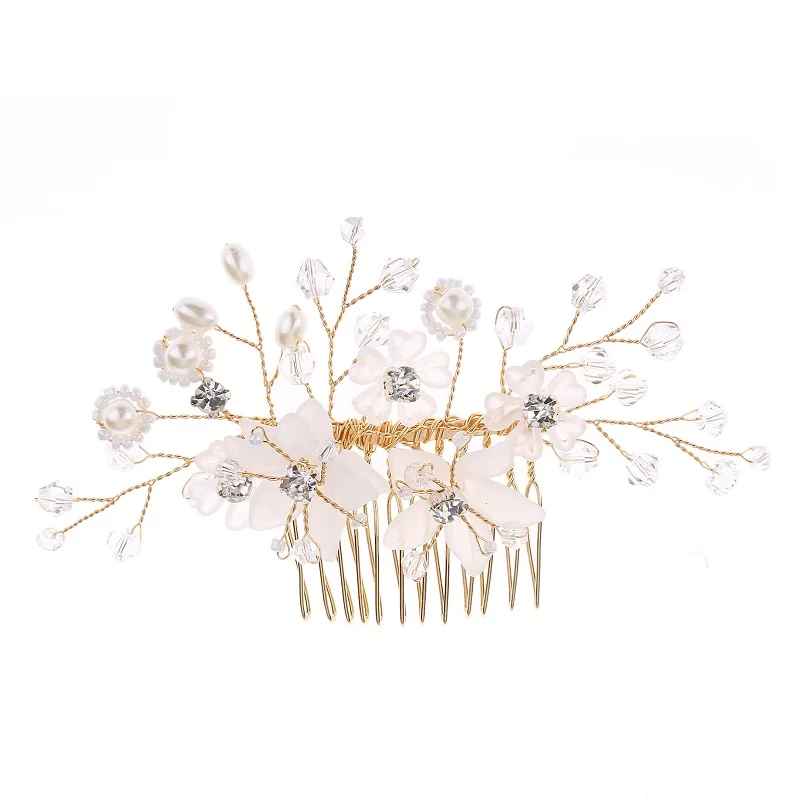 حساسة زهرة الزفاف الذهب الشعر مشط اللؤلؤ والمجوهرات اليدوية الزفاف خوذة النساء الزفاف حفلة موسيقية إكسسوارات الشعر #6