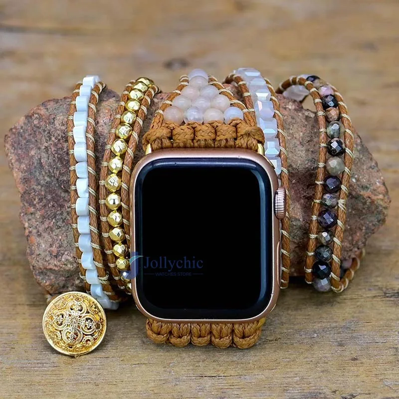 Bohemia Jewelry band for Apple Watch series 7 38 40 42 mm 44 Handmade Vintage Natural beads braided Bracelet iwatch 6 se 5 4 3