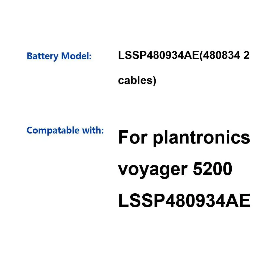 Long-Lasting Premium Replacement LSSP480934AE 480834 2 Cables For Plantronics Voyager 5200 Earphone Battery