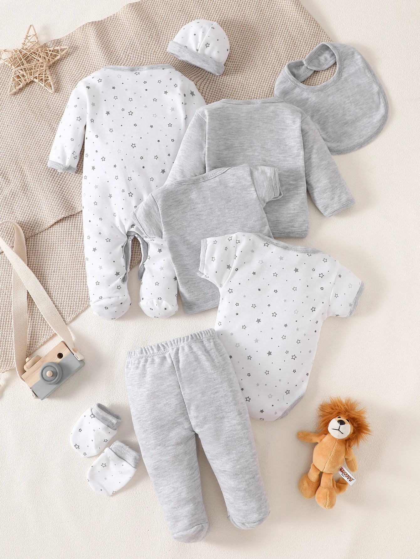 8-Piece Newborn Romper Set | 100% Cotton, Soft & Breathable | Gray Cartoon Star Design | For 0-9 Months Babies