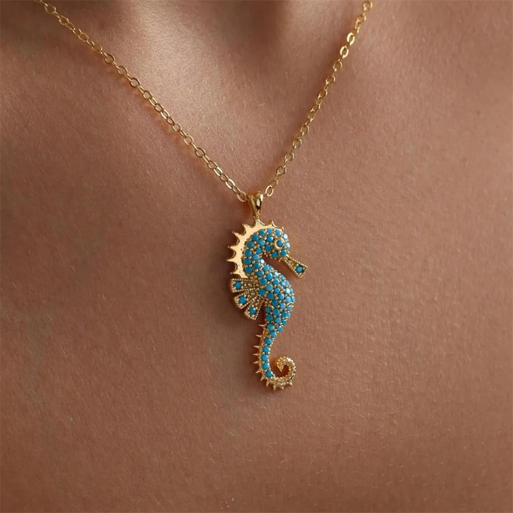 Turquoise Seahorse Pendant Necklace for Women 18K Gold Plate