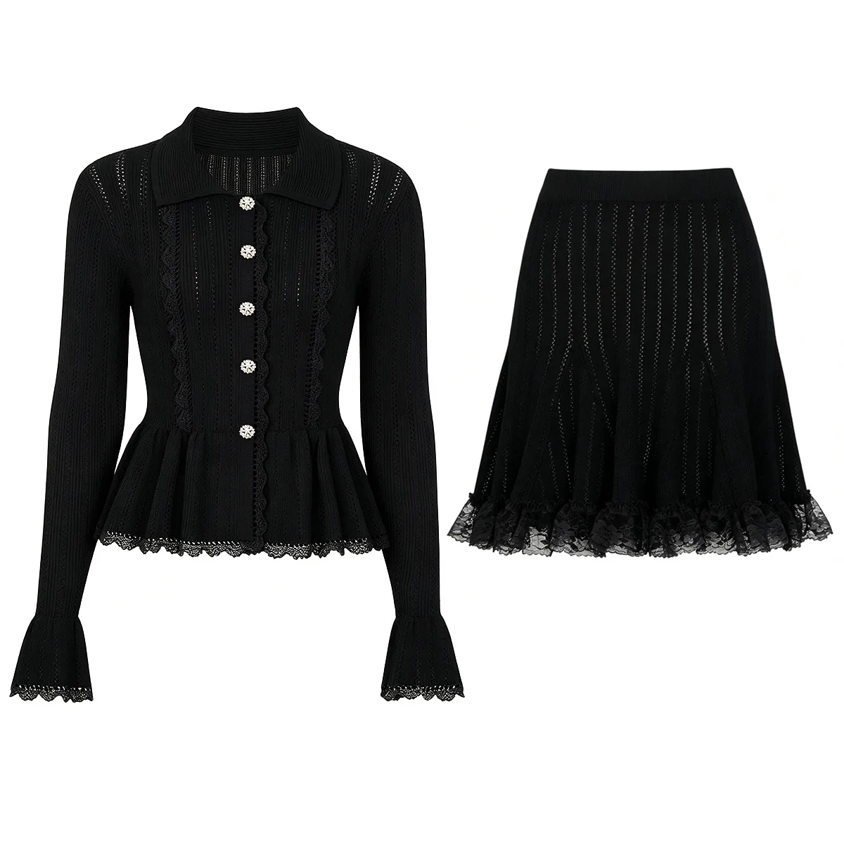 Lady Hollow Out Ruffles Lace Patchwork Suit Turn-down Collar Long Sleeve Single-breasted Cardigan Mini Skirt Women Knit 2pcs